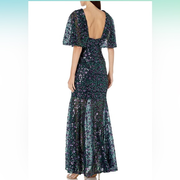 NWT! Dress the Population Lourdes Flutter Sleeve Sequin Lace Long Gown - Picture 2 of 4